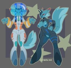 :3 absurd_res anthro areola astronaut_helmet astronaut_suit biped black_clothing black_suit blue_areola blue_body blue_claws blue_face blue_fur blue_mouth blue_nipples blue_tail blue_tongue blue_vulva breasts claws cleavage_cutout closed_eyes clothing cutout cyber_d1e dipstick_ears ear_markings eyeshadow felid feline female fluffy fluffy_tail fur genitals grey_background hi_res inner_ear_fluff makeup mammal medium_breasts multicolored_ears nipples open_mouth pattern_background paws pussy_cutout red_ear_tips red_eyeshadow sharp_teeth signature simple_background solo standing star-shaped_background suit tail teeth tongue tuft vulva zipper