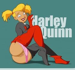 1girls ass batman:_the_animated_series batman_(series) blonde_hair blue_eyes bodysuit dc dc_comics dcau female female_only harleen_quinzel harley_quinn harley_quinn_(classic) panties pigtails pink_panties pulled_down pussy solo tagme uncensored unknown_artist