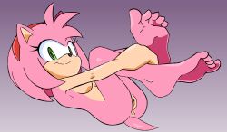 amy_rose anus ass breasts eulipotyphlan feet female genitals gradient_background hair hedgehog hi_res looking_at_viewer lying mammal nide nude on_back pink_body randomguy999 sega short_hair simple_background smile solo sonic_(series) sonic_the_hedgehog_(series) tail vulva