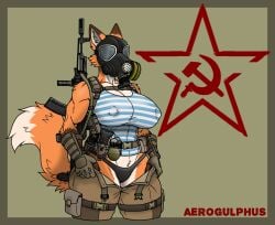 aerogulphus ak-47 anthro big_breasts communism communist curvy curvy_figure female female_only fox front_view furry gas_mask gloves grenade gun hands_on_pants lupine nipples_visible_through_clothing panties pants_down solo tank_top telnyashka thicc_thighs thigh_strap unzipped_pants