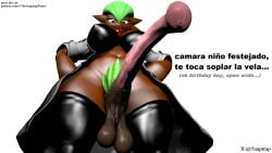 16:9 3d 3d_(artwork) 5naptrap animal_genitalia animal_penis arrogant ball_size_difference balls big_balls big_breasts birthday black_bikini_top black_bra black_clothing black_coat black_legwear black_stockings black_top black_topwear black_underwear bra breasts brown_balls brown_body clothing coat dark_body dark_skin dialogue digital_media_(artwork) dominant dominant_gynomorph dominant_intersex english_text equine_genitalia equine_penis erection flared_penis futanari gardevoir generation_3_pokemon genitals green_hair green_pubes gynomorph hair hi_res humanoid intersex jadine_voir legwear long_penis looking_at_viewer looking_down looking_down_at_viewer natural_breasts nintendo patreon penis pink_eyes pink_penis pokemon pokemon_(species) pubes saggy_balls simple_background size_difference smile smiling_at_viewer solo source_filmmaker_(artwork) spanish_text stockings talking_to_viewer tanned_skin text topwear underwear url vein veiny_penis white_background widescreen