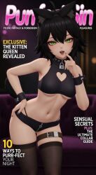 ai-created ai_art ai_generated armchair black_clothing black_hair black_panties bracelet green_eyes grey_nails heart_shirt jim_sinclair2001 magazine neko_ears neko_girl neko_tail nekomata padlocked_collar underboob_shirt