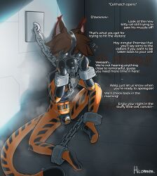 anthro blindfold bondage bondage_gear bondage_gloves bound chains clothing confinement cuff_(restraint) dialogue felid feline gag gag_mask gagged handwear hi_res hiconnen latex latex_clothing latex_skinsuit male mammal mittens_(tylerfloof) muzzle_(object) muzzled null_bulge orange_body prison prisoner restraints shackles skinsuit solo text tight_clothing