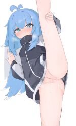 absurdres blue_eyes blue_hair blush chinese_commentary commentary_request female gu_meng_yin highres jacket long_hair original pussy pussy_juice solo split standing standing_on_one_leg standing_split track_jacket uncensored