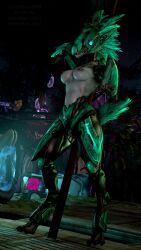 3_toes 3d_(artwork) abs absurd_res alien anthro arm_feathers arm_tuft armor athletic avian black_nipples blue_eyes bodysuit breasts clothed clothing colored dark digital_media_(artwork) digitigrade face_covered feather_hair feathered_crest feathers feet female genitals glowing glowing_eyes grey_body grey_scales halo_(series) hand_behind_back hand_behind_head head_crest headgear helmet hi_res kig-yar medium_breasts microsoft nipples non-mammal_breasts pole pompilus-sfm pseudo_hair scales scalie sharp_teeth skinsuit solo spurs_(anatomy) t'vaoan teeth tight_clothing toes topless torn_bodysuit torn_clothing torn_skinsuit tuft vulva xbox_game_studios