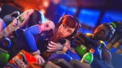 1boy 1girls 3d animated blizzard_entertainment cakeofcakes d.va dark-skinned_male dark_skin fellatio female gif interracial lúcio male oral overwatch sex straight whisker_markings