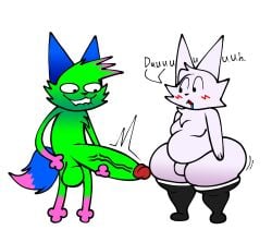 2026 anthro balls belly big_penis biped bite biting_lip biting_own_lip black_clothing black_legwear black_nose black_thigh_highs blue_body blue_ears blue_fur blue_tail bodily_fluids boy_kisser_(meme) cheek_tuft chest_tuft clothing digital_media_(artwork) dipstick_tail domestic_cat don't_touch_my_pizza_(meme) drooling duo facial_tuft felid feline felis fur fur_markings fur_tuft genitals gloves_(marking) green_body green_fur head_tuft hi_res kevin_(nyanwolf) leg_markings legwear looking_at_another lucaslora male mammal markings meme multicolored_body multicolored_fur nude_anthro nude_male nyanwolf open_mouth penis pink_body pink_fur pink_tail_tip saliva self_bite silly_cat_(mauzymice) simple_background socks_(marking) standing tail tail_markings teeth thick_thighs thigh_highs thigh_highs_only tuft vein veiny_penis white_background wide_hips