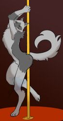 3_toes 5_fingers absurd_res animal_genitalia anthro arms_above_head canid canine canis cheek_tuft claws dancing death_(puss_in_boots) dreamworks facial_markings facial_tuft feet fingers fluffy fluffy_chest fluffy_tail fully_sheathed fur fuzzy genitals grey_body grey_fur head_markings hi_res kiss_mark kiss_mark_on_butt lampseeker looking_at_viewer male mammal markings mask_(marking) multicolored_body multicolored_fur neck_tuft nude pole pole_dancing pose puss_in_boots_(franchise) raised_leg red_background red_eyes sheath side_view simple_background skinny slim smile solo stripper stripper_pole tail tasteful_nudity toes tuft watermark wolf