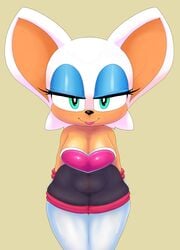 absurd_res anthro bat big_breasts breasts cleavage clothed clothing eyeshadow female female_only gloves green_eyes hands_behind_back hi_res legwear makeup mammal punkinillus rouge_the_bat simple_background solo sonic_(series) standing thigh_highs