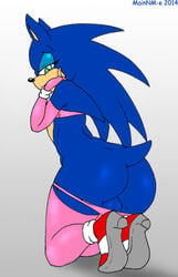 1boy 2014 alternate_body_type androgynous ass balls_in_panties bimbo crossdressing elbow_gloves eyeshadow femboy feminine_male girly high_heels lipstick mainnm-e makeup male male_only solo sonic_(series) sonic_the_hedgehog thighhighs trap