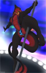 absurd_res anthro athletic balls_outline baogacc black_body black_fur black_sclera blue_clothing bulge claws clothed clothing dancing detailed_bulge dragon ear_piercing ear_ring facial_piercing feet fur genital_outline hi_res horn hybrid latex latex_clothing latex_underwear long_tail long_tongue looking_at_viewer male mammal multicolored_body multicolored_fur muscular mythological_creature mythological_scalie mythology nose_piercing nose_ring nota_wordsanna one-piece_swimsuit open_mouth penis_outline piercing pole pole_dancing pose red_body red_fur ring_piercing scalie septum_piercing sergal slim sling_bikini smile solo stage stripper stripper_pole swimwear tail teeth tight_clothing tongue tongue_out underwear underwear_only