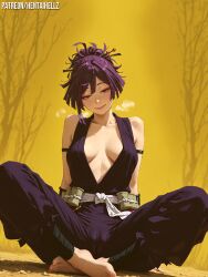 ai_generated cameltoe disoriented dutch_angle fantasy female hair_stick half-closed_eyes heavy_breathing hentaihell jigokuraku medium_breast multiple_views playful_smile ponytail purple_hair red_eyes sfw sitting solo young_adult yuzuriha_(jigokuraku)