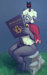 absurd_res anthro balls bell book bovid caprine cult_of_the_lamb erection foreskin genitals hi_res horn humanoid_genitalia humanoid_penis lamb_(cult_of_the_lamb) male mammal massive_monster_(studio) penis reading reading_book red_crown_(cult_of_the_lamb) sheep simple_background sitting smile solo thick_thighs tussamag