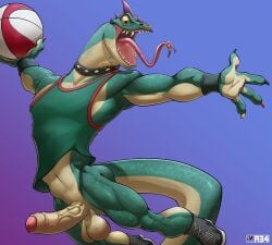anthro ball balls basketball_(ball) bottomless claws clothed clothing collar colored_nails erection facial_piercing footwear foreskin genitals goat_(movie) green_body green_scales hi_res jumping komodo_dragon lizard male modo_olachenko monitor_lizard muscular muscular_anthro muscular_legs muscular_male nails neck_piercing nexus nose_piercing penis piercing reptile scales scalie sharp_teeth shirt solo sony_corporation sony_pictures tank_top teeth tongue tongue_out tongue_piercing topwear vein veiny_penis white_body white_scales
