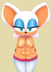 anthro bat big_breasts breasts eyeshadow female female_only furry gloves green_eyes hands_behind_back highres japanese_clothing maebari makeup mammal navel pasties punkinillus rouge_the_bat simple_background solo sonic_(series) standing thighhighs