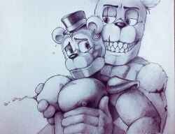 2boys animatronic bear big_pecs fangs five_nights_at_freddy's five_nights_at_freddy's:_security_breach five_nights_at_freddy's_2 fnaf from_behind gay glamrock_freddy_(fnaf) groping_from_behind groping_penis male male/male male_only muscular muscular_male nipples pecs randoming1922 robot scottgames smiling steel_wool_studios withered_freddy