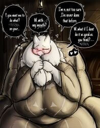 1boy 1boy1girl 1girls 2026 2d 2d_(artwork) 2d_artwork big_breasts blush closed_eyes clothed clothing dialogue duo female_focus goat goat_ears goat_girl goat_horns goat_humanoid grabbing grabbing_ears grey_clothing grey_robe heart huge_breasts inviting kojoarts nipples_visible_through_clothing oral_invitation robe sitting sitting_on_chair speech_bubble text thick_thighs toriel undertale undertale_(series) unseen_character unseen_male white_fur