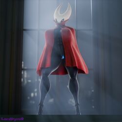 2024 3d_(artwork) abs anthro arthropod big_breasts black_body blue_vulva breasts city city_background cloak cloak_only clothed clothing digital_media_(artwork) female full-length_portrait genitals hollow_knight_(franchise) hornet_(hollow_knight) lpyro9 muscular muscular_female partially_clothed portrait red_cloak red_clothing segmented_legs solo standing team_cherry thick_thighs valorlynz valorlynz_(modeler) vulva white_mask window yellow_eyes