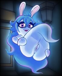absurd_res anthro anus blue_hair eyelashes female floating genitals ghost ghost_tail hair hi_res lagomorph leporid long_hair looking_at_viewer mammal mexicanjoe midnite_(mario_+_rabbids) nude pink_eyes rabbid rabbit raving_rabbids rayman_(series) solo spirit thick_thighs ubisoft vulva white_body wide_hips