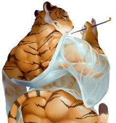 2017 anthro ass back_muscles biceps big_muscles black_fur brown_eyes claws feline fur half-length_portrait hi_res kiseru looking_at_viewer looking_back male male_only mammal mostly_nude muscular muscular_male orange_fur pipe portrait raised_arm rear_view sheeporwolf simple_background smoking smoking_pipe solo standing stripes tiger white_background white_fur