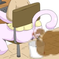 2026 anthro anus ass bottomless brown_clothing bucket censored chair clothed clothing computer_keyboard computer_monitor container desk digital_media_(artwork) fart fart_cloud feces felid feline female fur furniture implied_scat mammal mosaic_censorship on_chair partially_clothed pink_body pink_fur pink_tail raised_tail rear_view simple_background sitting sitting_on_chair solo table tail toilet_paper_(pixiv) yellow_clothing