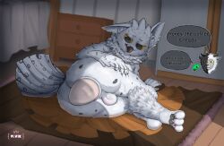 1boy absurd_res anthro avian balls beak bedroom bird caught claws egg egg_from_ass egg_laying feather_hands feathers fluffy genitals gryphon hi_res horned_owl hybrid inner_ear_fluff inside looking_down lying male male_only mvikt mythological_avian mythological_creature mythology neck_tuft nest on_ground on_side owl pawpads paws snowy_owl solo speech_bubble tail tired true_owl tuft white_body white_feathers