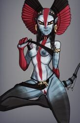 absurd_res alien areola avatar black_hair blue_areola blue_body blue_nipples breasts ear_piercing female front_view grey_background grey_body hair hi_res humanoid humanoid_pointy_ears james_cameron's_avatar looking_at_viewer mexicanjoe na'vi navel nipples piercing pointy_ears simple_background small_breasts smile solo thick_thighs varang_(avatar) wide_hips yellow_eyes