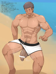 1boy abs bar_censor bara beach body_hair flaccid foreskin japanese_text kai_(artist) male male_only ocean outdoors penis sand solo summer sweat swimsuit tagme water