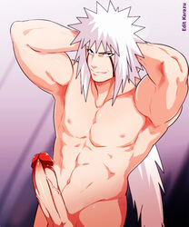 1boy jiraiya karazumaster male male_only muscle naruto nude penis solo white_hair yaoi