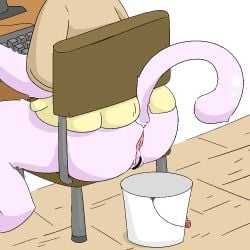 2026 anthro anus ass bottomless brown_clothing bucket censor_bar censored censored_genitalia censored_vulva chair clothed clothing computer_keyboard computer_monitor container desk digital_media_(artwork) felid feline female fur furniture genitals implied_scat mammal on_chair partially_clothed pink_body pink_fur pink_tail raised_tail rear_view simple_background sitting sitting_on_chair solo table tail toilet_paper_(pixiv) vulva yellow_clothing