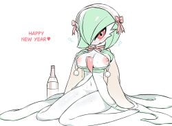 2026 accessory alcohol areola areola_slip beverage blush bow_ribbon breasts bubble_emanata champagne christmas christmas_clothing clothed clothing digital_drawing_(artwork) digital_media_(artwork) emanata english_text exposed_breasts female gardevoir generation_3_pokemon hair hair_accessory hair_over_eye hair_ribbon hairbow holidays humanoid kneeling looking_at_viewer moocow narrowed_eyes navel new_year nintendo pinup pokemon pokemon_(species) pose red_eyes ribbons seiza shaded simple_background simple_shading sitting skimpy solo text white_background