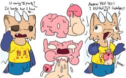 2_horns 5_fingers anthro blue_arms blue_bottomwear blue_clothing blue_legs blue_pants blue_tail bodily_fluids bottomwear brain_creature brown_eyes clothing cum cum_from_mouth cum_in_mouth cum_inside cum_on_face cumshot dragon ejaculation fingers genital_fluids genitals glans head_horn horn humanoid_genitalia humanoid_penis japanese_text light_horn light_wings male mind_control mindfuck monotone_horn multicolored_body multicolored_penis mythological_creature mythological_scalie mythology nomani_(nomani_int32) nomani_int32 pants penis penis_poking_out pink_glans scalie sentient_penis shirt smooth_horn solo speech_marker tail text topwear two_tone_penis yellow_body yellow_clothing yellow_shirt yellow_topwear