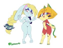 2girls anthro areola blonde_hair blue_eyes braided_hair breasts broodal brown_body brown_fur buckteeth cybernetics cyborg domestic_cat duo eyelashes felid feline felis female floppy_ears francine_manx front_view fur furry furry_female furry_only genitals grey_body grey_fur hair hariet_(mario) hi_res lagomorph leporid looking_at_viewer lop_ears machine mammal mario_(series) mario_bros navel nintendo nipples nude oiruazumel pink_areola pink_nipples rabbit red_eyes red_nose samurai_pizza_cats simple_background small_breasts smile super_mario_odyssey tan_body tan_fur teeth thick_thighs vulva white_background wide_hips