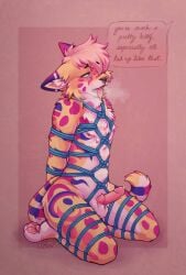 bodily_fluids bondage bound desperation facial_piercing felid feline femboy genital_fluids genitals hi_res jebol knot leaking_precum male mammal nose_piercing penis petplay piercing praise precum restraints roleplay rope rope_bondage rope_harness serval sinpubby solo