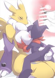 2026 anal anal_fingering anthro areola armwear ass bandai_namco breast_grab breasts censored clothing digimon digimon_(species) duo female fingering fingering_partner fur gloves hand_on_breast handwear head_between_breasts hi_res impmon internal kerchief larger_female mostly_nude multicolored_body multicolored_ears multicolored_fur neckerchief neckwear nipples on_lap pink_areola pink_nipples purple_armwear purple_clothing red_clothing red_gloves red_handwear red_kerchief red_neckerchief red_neckwear renamon rusho sex size_difference straddling two_tone_ears white_body white_breasts white_fur yellow_body yellow_ears yellow_fur