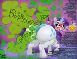 absurd_res angry ass bared_teeth big_butt blue_eyelids blue_text blush bodily_fluids bottle breath cheese clothed clothed_feral clothing container curly_hair cutie_mark dairy_products diamond_(marking) digital_media_(artwork) drooling english_text equid equine eyebrows eyelashes fart fart_cloud fart_fetish female feral food friendship_is_magic glowing glowing_horn green_fart_cloud grey_hooves hair hasbro hi_res hooves horn huge_butt hyper hyper_butt knife lips long_hair long_tail looking_back magic mammal mane markings my_little_pony mythological_creature mythological_equine mythology onomatopoeia pink_background purple_hair purple_mane rarity_(mlp) saliva signature simple_background skunk_bunk solo sound_effects stained_clothing stained_underwear straining tail text thick_lips toony underwear unicorn unicorn_horn white_body white_butt white_face white_horn white_legs