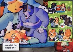 absurd_res anal anal_sex anthro anthro_on_anthro anthro_penetrated anthro_penetrating anthro_penetrating_anthro avalath_tiger backwards_baseball_cap backwards_hat bandit_heeler baseball_cap bluey_(series) blush bodily_fluids brother_(lore) brother_penetrating_brother brothers_(lore) clothing comic_panel controller drooling fido_(bluey) flashback genitals group group_sex handjob hat headgear headwear hi_res holding_both_ankles holding_both_legs incest_(lore) kneeling licking male male/male male_penetrated male_penetrating male_penetrating_male nipples oral overweight overweight_male paws penetration penile penis penis_lick radley_heeler saliva sex sibling_(lore) stripe_heeler thought_bubble threesome tongue wristband