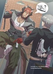 2boys animal_ears bandaged_arm bandages bara black_choker black_hair black_jacket black_shirt brick_wall butt_crack choker collarbone commentary cum_in_footwear cum_in_shoes cum_on_shoe denim doodlefish doodlefish75 english_commentary gay gay_male green_pants grey_hair highres holding holding_shoes holding_unworn_clothes horny_male indoors jacket jeans jewelry komano_manato looking_at_another lube lubrication male_focus male_underwear male_underwear_peek multicolored_hair multiple_boys necklace open_door open_mouth pants pectoral_cleavage pectorals red_bandage red_hair scar scar_on_chest shirt shoes short_hair spiked_jacket standing standing_on_one_leg sweat two-tone_hair underwear unworn_shoes white_shirt white_shoes wise_(zenless_zone_zero) yaoi zenless_zone_zero