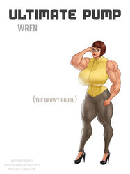 blue_eyes breasts brown_hair female glasses highheels huge_muscles large_breasts moxydoxy muscles muscular_female solo ultimate_pump