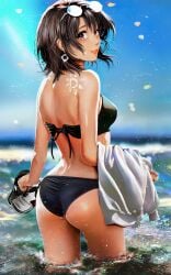 1girls absurd_res alluring ass back big_breasts bikini black_bikini black_hair commentary_request earrings eyewear_on_head from_behind grace16 halterneck high_res holding holding_shoes holding_unworn_clothes horizon jewelry looking_at_viewer looking_back medium_hair my_teen_romantic_comedy_snafu ocean outside purple_eyes shoes shoulder_blades silf sky swimsuit unworn_shoes wading water yukinoshita_haruno