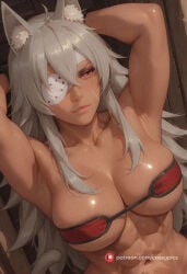ai_generated cassypics cat_ears cat_tail catgirl covered_nipples cuffs eye_mask female female_only fit ghislaine_dedoldia hands_behind_head huge_breasts large_breasts muscular mushoku_tensei naked nude round_breasts scars sexy slim_waist solo squeezing squeezing_breasts