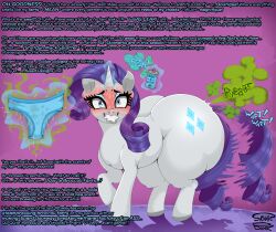 absurd_res ass bared_teeth big_butt blue_eyelids blue_text blush bodily_fluids clothing curly_hair cutie_mark diamond_(marking) digital_media_(artwork) english_text equid equine eyebrows eyelashes fart fart_cloud fart_fetish female friendship_is_magic glowing glowing_horn green_fart_cloud grey_hooves hair hasbro hi_res hooves horn huge_butt hyper hyper_butt lips long_hair long_tail looking_at_viewer looking_back magic mammal mane markings my_little_pony mythological_creature mythological_equine mythology onomatopoeia pink_background purple_hair purple_mane rarity_(mlp) signature simple_background skunk_bunk solo sound_effects spray_can stained_clothing stained_underwear sweat tail tail_motion tailwag text thick_lips underwear unicorn unicorn_horn white_body white_butt white_face white_horn white_legs