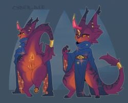 absurd_res accessory anthro anus ass belt biped black_fur_markings black_paws blue_cloak blue_clothing claws cloak clothed clothing cyber_d1e ear_piercing ear_tuft felid feline female fur furgonomics furry_tail genitals gold_(metal) gold_buckle gold_ear_piercing gold_jewelry gold_tail_jewelry grey_background happy hi_res horn horn_jewelry inner_ear_fluff jewelry looking_at_viewer looking_back mammal multicolored_body multicolored_fur open_mouth orange_anus orange_body orange_eyes orange_fur orange_pawpads orange_vulva partially_clothed pattern_clothing pawpads paws piercing raised_leg rear_view red_body red_fur red_horn red_sclera sharp_teeth short shortstack signature simple_background smile solo spread_butt spread_vulva spreading standing star_pattern striped_body striped_fur stripes tail tail_accessory tail_anus tail_jewelry tail_tuft teeth triangle_nose triangle_pupils tuft vulva yellow_claws