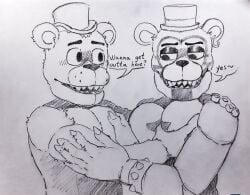 2boys animatronic bear big_pecs blush dialogue english_text five_nights_at_freddy's five_nights_at_freddy's:_security_breach fnaf freddy_(fnaf) fur furry gay glamrock_freddy_(fnaf) grabbing_pecs groping groping_pecs inviting male male/male male_only muscular muscular_male pecs randoming1922 robot scottgames steel_wool_studios teasing text