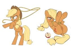 1female 1feral 2026 2d 2d_(artwork) absurd_res accessory amugea animal_genitalia animal_vulva anus apple applejack_(mlp) black_eyebrows blonde_mane blush bodily_fluids bondage bound closed_frown cutie_mark digital_media_(artwork) dock_(anatomy) earth_pony equid equine equine_genitalia equine_vulva eyebrows eyelashes female female_feral female_only feral feral_only food freckled_face freckles friendship_is_magic frown fruit fur genitals green_eyes grin hair_accessory hair_tie hasbro hi_res hooves horse lasso legs_tied looking_aside looking_down lying mammal mane mouth_closed my_little_pony on_back on_hind_legs orange_anus orange_body orange_ears orange_fur orange_hooves orange_vulva plant pony quadruped red_hair_tie restraints rope rope_bondage simple_background smile snout solo solo_female sweat sweaty_face tail teeth toony underhoof unguligrade vulva white_background white_freckles yellow_tail