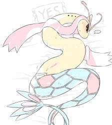 :< animal_genitalia animal_vulva anticipation bed bedding big_pupils blush bodily_fluids cetacean_genitalia cetacean_vulva ellipsis emoticon female feral furniture generation_3_pokemon genitals leaking_vaginal_fluids looking_down looking_down_at_self lying lying_on_bed meme milotic moocow nintendo on_bed pillow pokemon pokemon_(species) pupils red_eyes shaded simple_background simple_shading solo sweat white_background yes-no_pillow yes_pillow