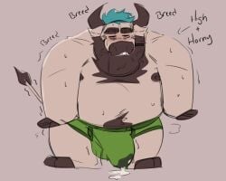 anthro aroused aroused_male balls_outline barazoku barefoot beard beer_belly belly belly_hair biceps big_belly big_bulge big_muscles big_pecs blue_hair blush blush_lines bodily_fluids body_hair bovid bovine briefs briefs_only brown_beard brown_body brown_chest_hair brown_eyebrows brown_facial_hair brown_fur brown_mustache brown_pubes brown_sideburns bulge cattle chest_hair chest_tuft clothed clothing cum cum_drip cum_in_clothing cum_in_underwear cum_on_ground cum_pool cum_through_clothing cum_through_underwear detailed_bulge dripping ejaculation english_text erection erection_under_clothing erection_under_underwear eyebrows facial_hair feet fur genital_fluids genital_outline green_briefs green_clothing green_underwear hair happy_trail hooves horn male mammal manly mostly_nude mostly_nude_anthro mostly_nude_male moustache musclegut muscular muscular_anthro muscular_arms muscular_male muscular_thighs nipples pecs penis_outline pubes shadowmatamori sideburns simple_background solo standing substance_intoxication sweat sweatdrop sweaty_arms sweaty_belly sweaty_chest sweaty_face sweaty_legs tail tail_tuft tan_background tenting text thick_arms thick_eyebrows thick_thighs topless topless_anthro topless_male tuft underwear underwear_only wet wet_clothing wet_underwear white_body white_skin