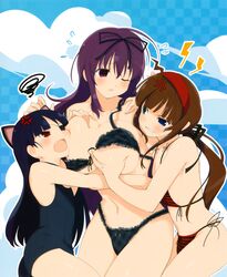 10s 3girls absurdres anger_vein bikini black_hair breast_envy breast_grab breasts brown_hair flat_chest girl_sandwich grabbing highres large_breasts long_hair mirai_(senran_kagura) multiple_girls murasaki_(senran_kagura) official_art one_eye_closed ryoubi_(senran_kagura) sandwiched senran_kagura senran_kagura_(series) swimsuit yaegashi_nan yuri