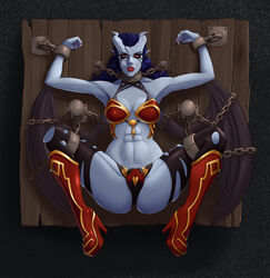 2017 abs bleeding_mascara bondage breasts cleavage dota dota_2 female female_only horns kataaoyoc looking_at_viewer muscular_female queen_of_pain restrained solo spread_legs thighhighs torn_clothes valve