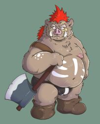 2025 anthro axe belly big_belly brown_body brown_fur bulge clothing fur hair hi_res kemono male mammal moobs naniwashintaro navel nipples overweight overweight_male red_hair simple_background solo standing suid suine sus_(pig) tattoo underwear wild_boar
